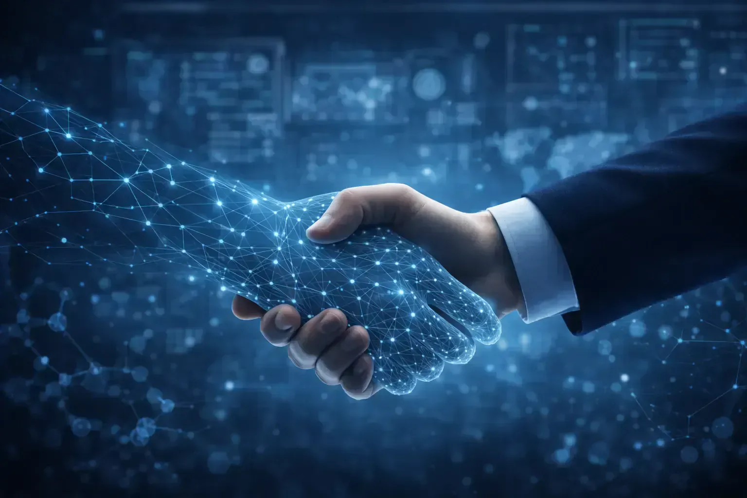 Dark professional abstract background suggesting partnership and networks; subtle AI circuitry and life-science shapes; high contrast; no text; centered safe space; soft vignette edges.