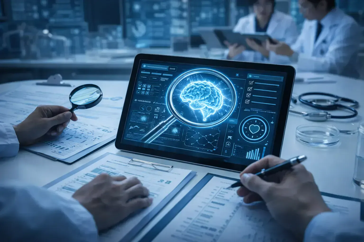 Abstract visualization representing artificial intelligence in life sciences research and education